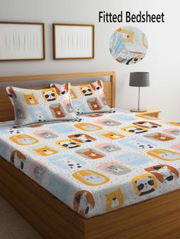 FABINALIV - Multicolor CartoonCotton Blend King Size Fitted Double Bedsheet With 2 Pillow Covers
