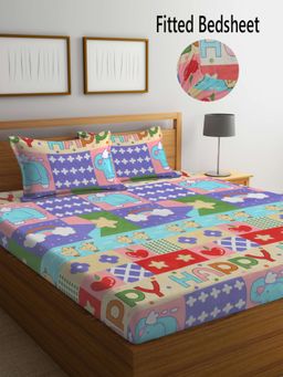 FABINALIV - Multicolor CartoonCotton Blend King Size Fitted Double Bedsheet With 2 Pillow Covers
