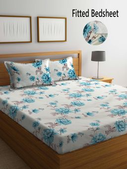 FABINALIV - Multicolor Floral Cotton Blend King Size Fitted Double Bedsheet With 2 Pillow Covers