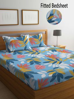 FABINALIV - Multicolor Floral Cotton Blend King Size Fitted Double Bedsheet With 2 Pillow Covers