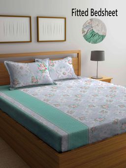 FABINALIV - Multicolor Floral Cotton Blend King Size Fitted Double Bedsheet With 2 Pillow Covers