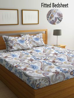 FABINALIV - Multicolor Floral Cotton Blend King Size Fitted Double Bedsheet With 2 Pillow Covers