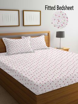 FABINALIV - White Floral Cotton Blend King Size Fitted Double Bedsheet With 2 Pillow Covers