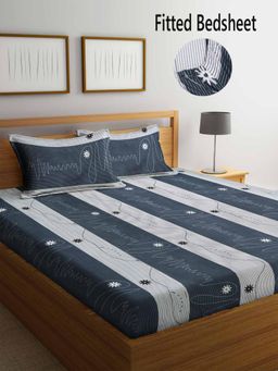 FABINALIV - Multicolor Striped Cotton Blend King Size Fitted Double Bedsheet With 2 Pillow Covers