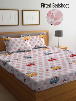 FABINALIV - Multicolor CartoonCotton Blend King Size Fitted Double Bedsheet With 2 Pillow Covers