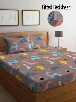 FABINALIV - Multicolor CartoonCotton Blend King Size Fitted Double Bedsheet With 2 Pillow Covers