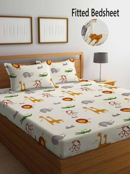 FABINALIV - Multicolor CartoonCotton Blend King Size Fitted Double Bedsheet With 2 Pillow Covers