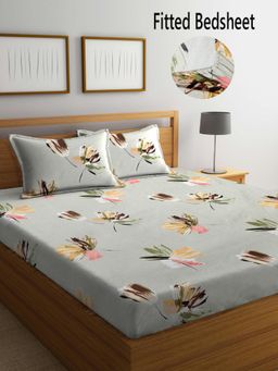 FABINALIV - Multicolor Floral Cotton Blend King Size Fitted Double Bedsheet With 2 Pillow Covers