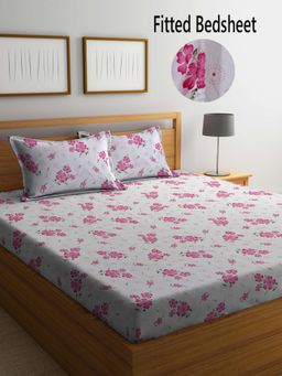 FABINALIV - White Floral Cotton Blend King Size Fitted Double Bedsheet With 2 Pillow Covers