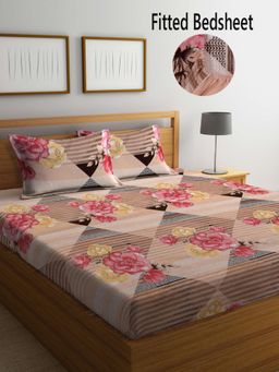 FABINALIV - Multicolor Floral Cotton Blend King Size Fitted Double Bedsheet With 2 Pillow Covers