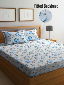 FABINALIV - Multicolor Floral Cotton Blend King Size Fitted Double Bedsheet With 2 Pillow Covers