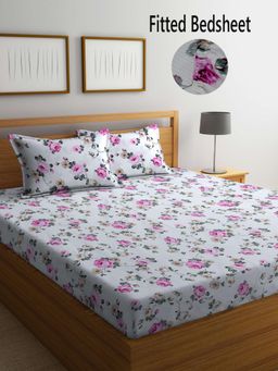 FABINALIV - Multicolor Floral Cotton Blend King Size Fitted Double Bedsheet With 2 Pillow Covers