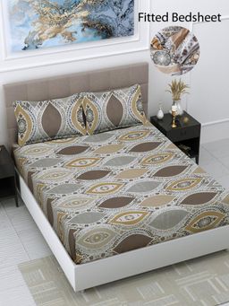 FABINALIV - Multicolor Ethnic Cotton Blend King Size Fitted Double Bedsheet With 2 Pillow Covers