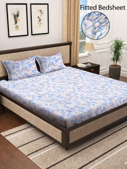 FABINALIV - Multicolor Floral Cotton Blend King Size Fitted Double Bedsheet With 2 Pillow Covers