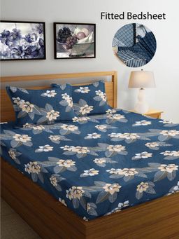 FABINALIV - Blue Floral Cotton Blend King Size Fitted Double Bedsheet With 2 Pillow Covers