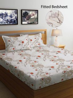 FABINALIV - Multicolor Floral Cotton Blend King Size Fitted Double Bedsheet With 2 Pillow Covers