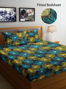 FABINALIV - Multicolor Floral Cotton Blend King Size Fitted Double Bedsheet With 2 Pillow Covers