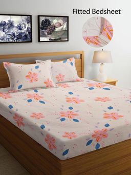 FABINALIV - Multicolor Floral Cotton Blend King Size Fitted Double Bedsheet With 2 Pillow Covers