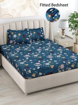 FABINALIV - Blue Floral Cotton Blend King Size Fitted Double Bedsheet With 2 Pillow Covers