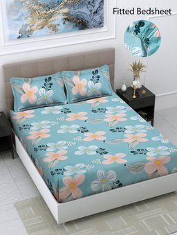 FABINALIV - Multicolor Floral Cotton Blend King Size Fitted Double Bedsheet With 2 Pillow Covers