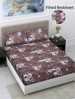 FABINALIV - Brown Floral Cotton Blend King Size Fitted Double Bedsheet With 2 Pillow Covers
