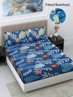 FABINALIV - Blue Floral Cotton Blend King Size Fitted Double Bedsheet With 2 Pillow Covers