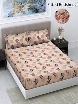 FABINALIV - Multicolor Floral Cotton Blend King Size Fitted Double Bedsheet With 2 Pillow Covers