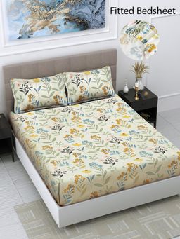 FABINALIV - Multicolor Floral Cotton Blend King Size Fitted Double Bedsheet With 2 Pillow Covers