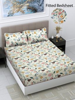FABINALIV - Multicolor Floral Cotton Blend King Size Fitted Double Bedsheet With 2 Pillow Covers
