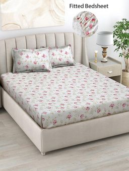FABINALIV - White Floral Cotton Blend King Size Fitted Double Bedsheet With 2 Pillow Covers
