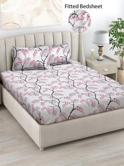 FABINALIV - White Floral Cotton Blend King Size Fitted Double Bedsheet With 2 Pillow Covers
