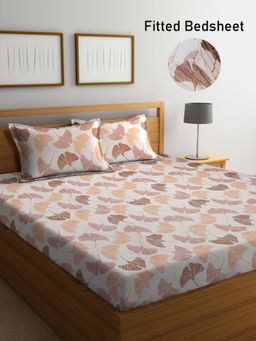 FABINALIV - Multicolor Floral Cotton Blend King Size Fitted Double Bedsheet With 2 Pillow Covers