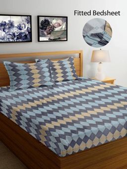 FABINALIV - Multicolor Geometric Cotton Blend King Size Fitted Double Bedsheet With 2 Pillow Covers