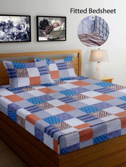 FABINALIV - Multicolor Geometric Cotton Blend King Size Fitted Double Bedsheet With 2 Pillow Covers