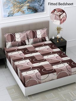 FABINALIV - Multicolor Geometric Cotton Blend King Size Fitted Double Bedsheet With 2 Pillow Covers