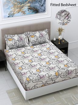 FABINALIV - Multicolor Geometric Cotton Blend King Size Fitted Double Bedsheet With 2 Pillow Covers