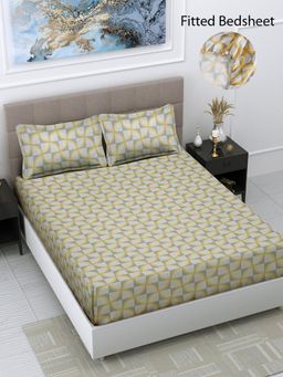 FABINALIV - Multicolor Geometric Cotton Blend King Size Fitted Double Bedsheet With 2 Pillow Covers