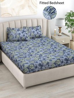 FABINALIV - Multicolor Abstract Cotton Blend King Size Fitted Double Bedsheet With 2 Pillow Covers