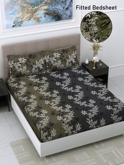 FABINALIV - Multicolor Floral Cotton Blend King Size Fitted Double Bedsheet With 2 Pillow Covers
