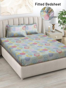 FABINALIV - Multicolor Geometric Cotton Blend King Size Fitted Double Bedsheet With 2 Pillow Covers