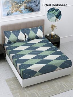 FABINALIV - Multicolor Geometric Cotton Blend King Size Fitted Double Bedsheet With 2 Pillow Covers