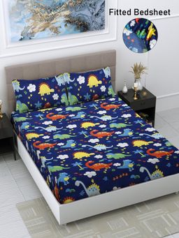 FABINALIV - Blue Cartoon Print Cotton Blend King Size Fitted Double Bedsheet With 2 Pillow Covers