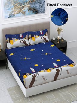 FABINALIV - Blue Cartoon Print Cotton Blend King Size Fitted Double Bedsheet With 2 Pillow Covers