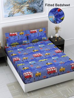 FABINALIV - Blue Cartoon Print Cotton Blend King Size Fitted Double Bedsheet With 2 Pillow Covers