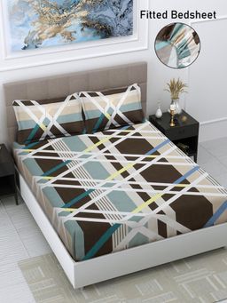 FABINALIV - Multicolor Geometric Cotton Blend King Size Fitted Double Bedsheet With 2 Pillow Covers