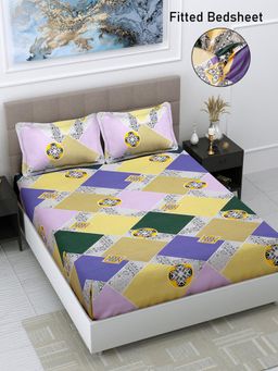 FABINALIV - Multicolor Geometric Cotton Blend King Size Fitted Double Bedsheet With 2 Pillow Covers