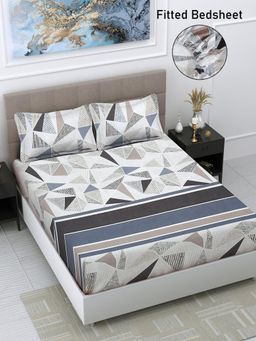 FABINALIV - Multicolor Geometric Cotton Blend King Size Fitted Double Bedsheet With 2 Pillow Covers