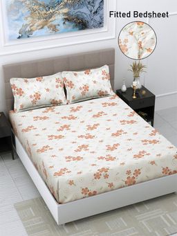 FABINALIV - White Floral Cotton Blend King Size Fitted Double Bedsheet With 2 Pillow Covers