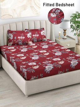 FABINALIV - Maroon Floral Cotton Blend King Size Fitted Double Bedsheet With 2 Pillow Covers