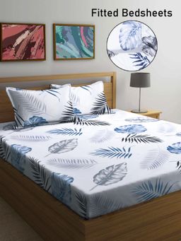 FABINALIV - Multicolor Floral Cotton Blend King Size Fitted Double Bedsheet With 2 Pillow Covers